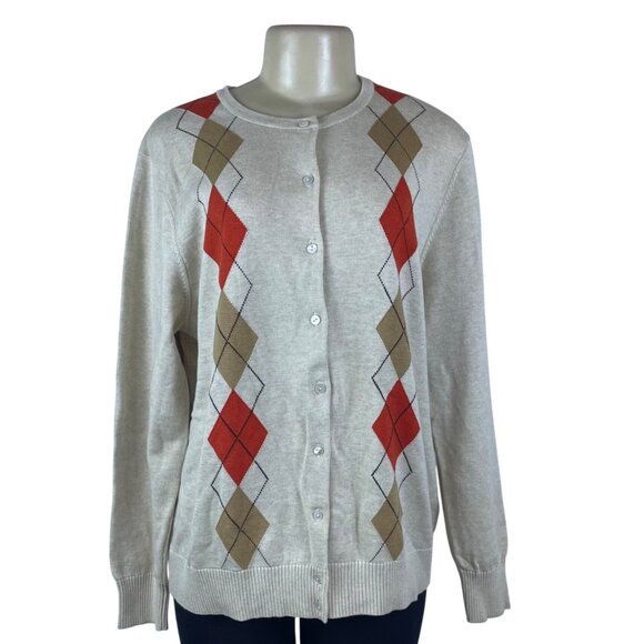Lands’ End Women’s Beige Argyle Sweater Cardigan Button-Up Long Sleeve Size XL - Picture 1 of 8